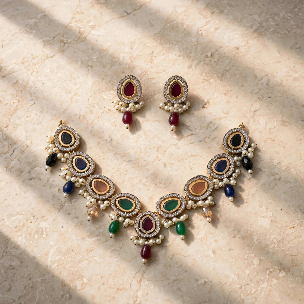 Multi-Stone Kundan Necklace Set with Earrings | Jewel Galore - Jewel Galore