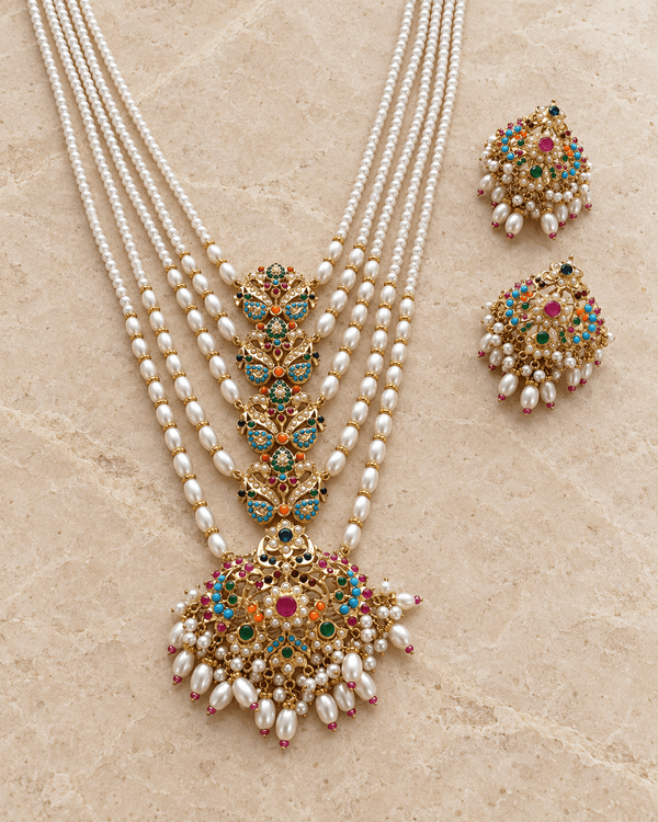 Navratna Pearl Necklace Set with Earrings – Multicolor Rajwadi - Necklace Set - Jewel Galore