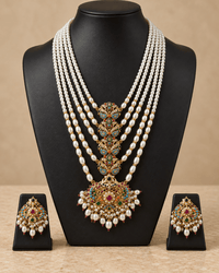 Navratna Pearl Necklace Set with Earrings – Multicolor Rajwadi - Necklace Set - Jewel Galore
