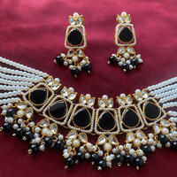 Noor Gold Kundan Square Necklace & Earrings Set | Black Stone - Jewel Galore