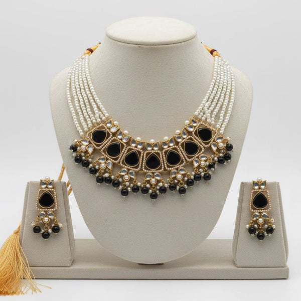 Noor Gold Kundan Square Necklace & Earrings Set | Black Stone - Jewel Galore