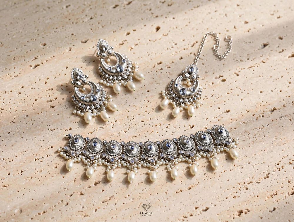 Oxidized Silver Kundan Choker Set with Pearls – Earrings & Tikka | Bridal Jewellery Set - Jewel Galore