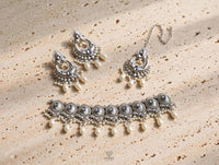Oxidized Silver Kundan Choker Set with Pearls – Earrings & Tikka | Bridal Jewellery Set - Jewel Galore