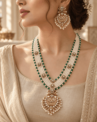 Pearl Kundan Bridal Necklace Set with Earrings & Tikka – Green Beads - Necklace Set - Jewel Galore