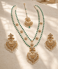 Pearl Kundan Bridal Necklace Set with Earrings & Tikka – Green Beads - Necklace Set - Jewel Galore