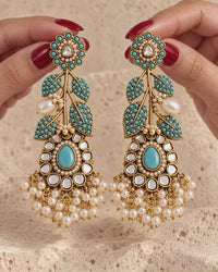 Turquoise Kundan Pearl Leaf Statement Earrings