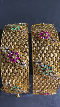 Anaar – Indian Gold Kundan Jaali Bangles with Ruby & Emerald Floral Work
