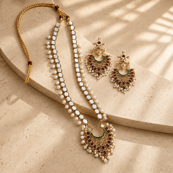 Rani Haar Mirror Kundan Maala Set with Earrings - Jewel Galore