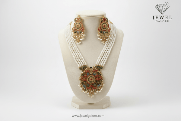 Royal Kundan & Pearl Rani Haar Set with Green Accents – Gold Plated - Locket set - Jewel Galore
