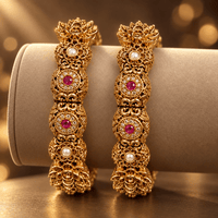 Royal Ruby Pearl Antique Gold Kangan Pair - Jewel Galore