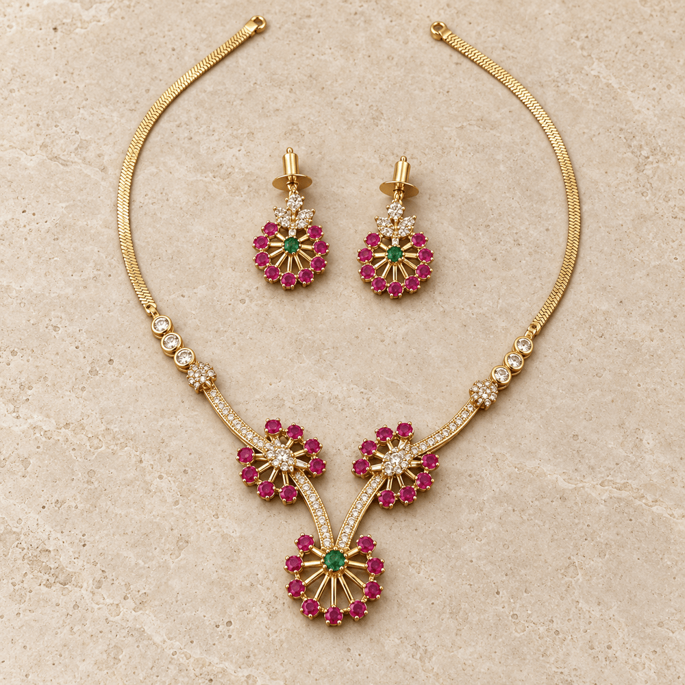 Ruby Emerald Floral Necklace Set with Earrings – Gold Snake Chain - Necklace Set - Jewel Galore