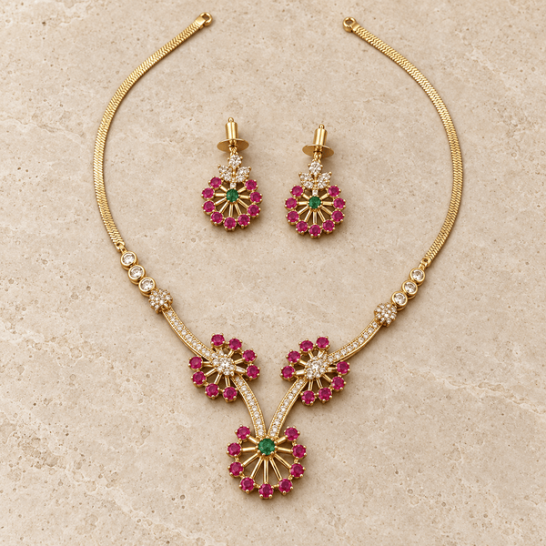 Ruby Emerald Floral Necklace Set with Earrings – Gold Snake Chain - Necklace Set - Jewel Galore