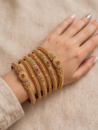 Ruby Kundan Bangle Set (5 Pcs) - Antique Gold Bangles | Jewel Galore - Jewel Galore