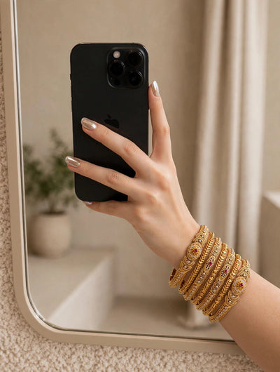 Ruby Kundan Bangle Set (5 Pcs) - Antique Gold Bangles | Jewel Galore - Jewel Galore