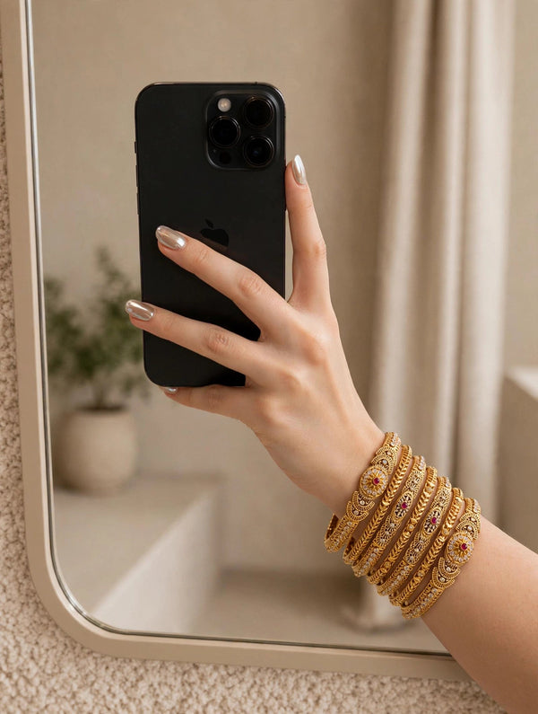 Ruby Kundan Bangle Set (5 Pcs) - Antique Gold Bangles | Jewel Galore - Jewel Galore