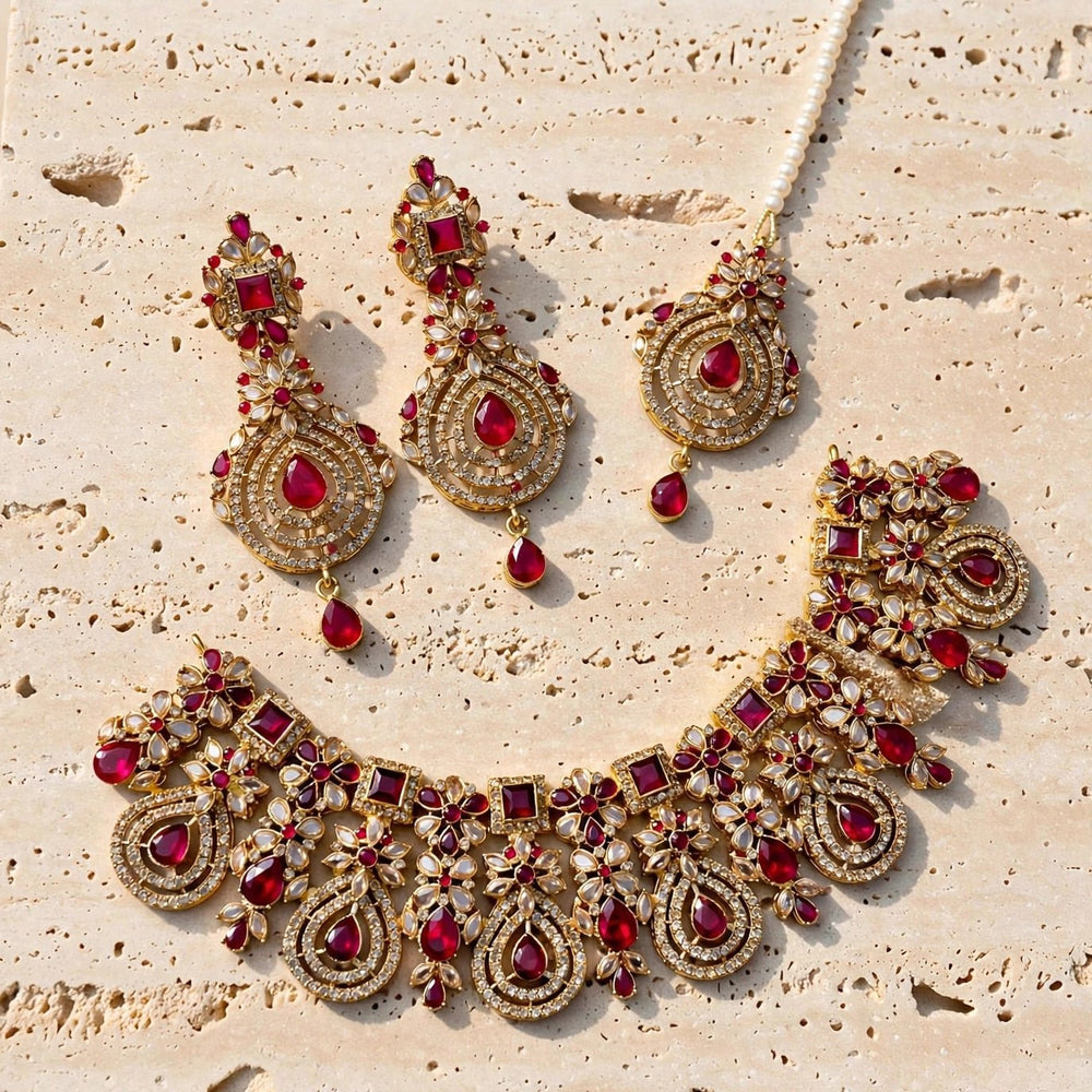 Ruby Kundan Choker Necklace Set with Tikka | Jewel Galore - Jewel Galore