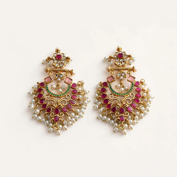 Traditional Antique Gold Chandbali Earrings with Pearl Cluster – Multicolor - EARRING - Jewel Galore