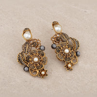 Turkish Style Antique Gold Floral Earrings with Pearl Drops - EARRING - Jewel Galore