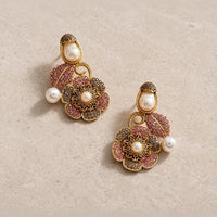 Turkish Style Antique Gold Floral Earrings with Pearl Drops - EARRING - Jewel Galore