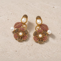 Turkish Style Antique Gold Floral Earrings with Pearl Drops - EARRING - Jewel Galore