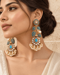 Turquoise Kundan Pearl Leaf Statement Earrings - Jewel Galore