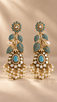 Turquoise Kundan Pearl Leaf Statement Earrings - Jewel Galore