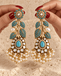Turquoise Kundan Pearl Leaf Statement Earrings - Jewel Galore