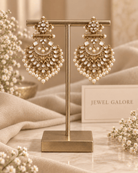 White Pearl Kundan Chandbali Earrings – Antique Gold Floral Drop - Earrings - Jewel Galore
