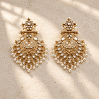 White Pearl Kundan Chandbali Earrings – Antique Gold Floral Drop - Earrings - Jewel Galore