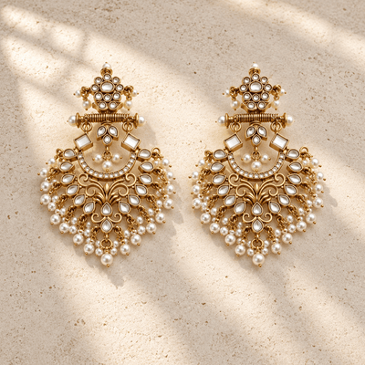 White Pearl Kundan Chandbali Earrings – Antique Gold Floral Drop - Earrings - Jewel Galore