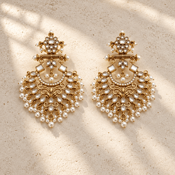 White Pearl Kundan Chandbali Earrings – Antique Gold Floral Drop - Earrings - Jewel Galore